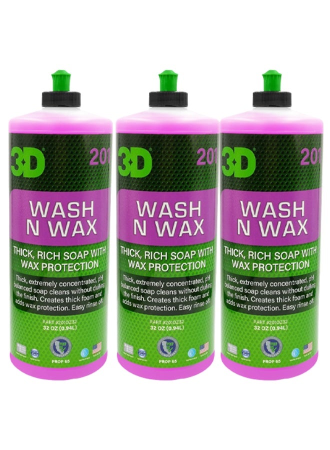 3D 3 Piece Combo Wash N Wax Car Shampoo 946ml 32oz Thick Rich Foam Soap with Wax Protection pH Balanced, Easy Rinse, High Gloss Finish for Exterior Car Wash Safe for All Vehicle Surfaces - 201 - Image 1